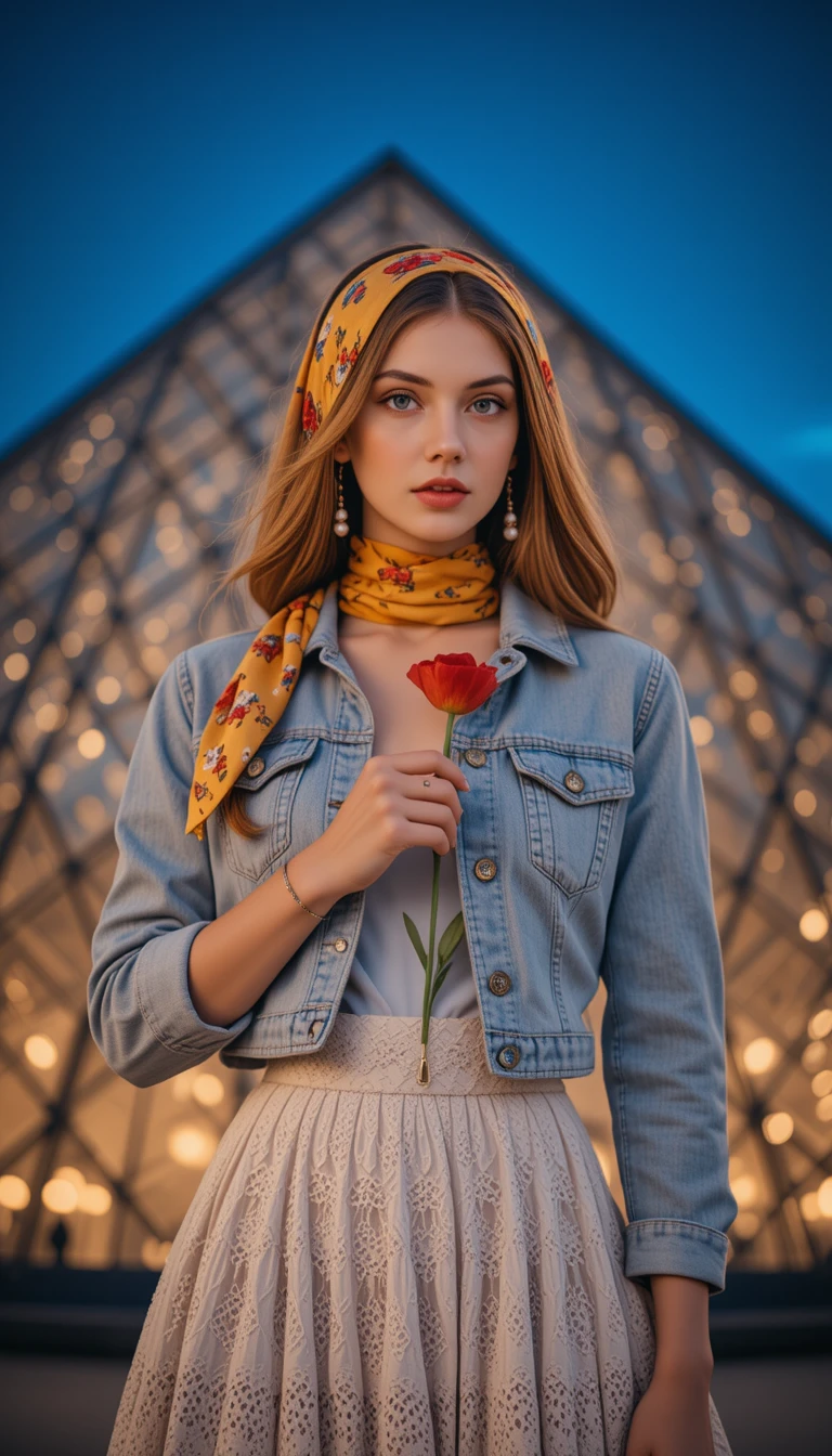 Stilvolle junge Frau mit Mohnblume vor der Louvre-Pyramide