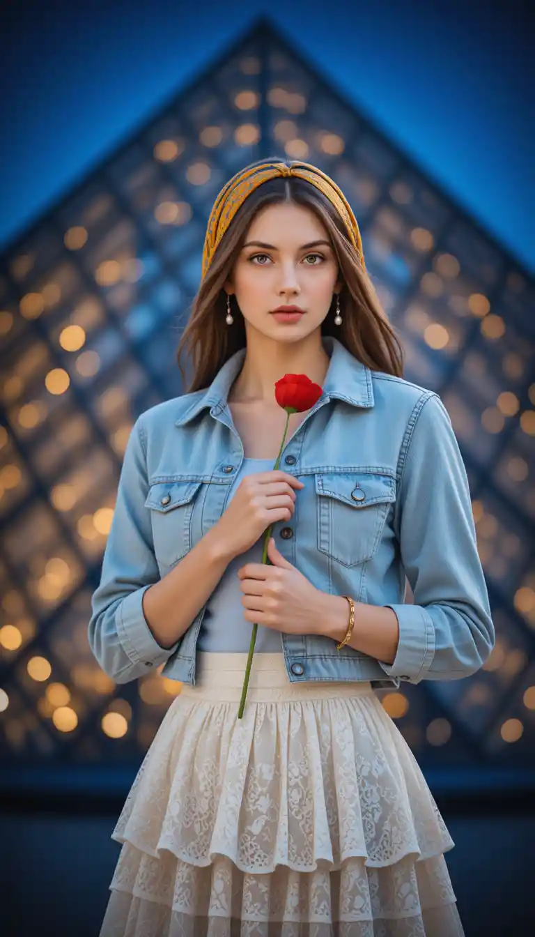 Stylish woman with red poppy at night by glass pyramid