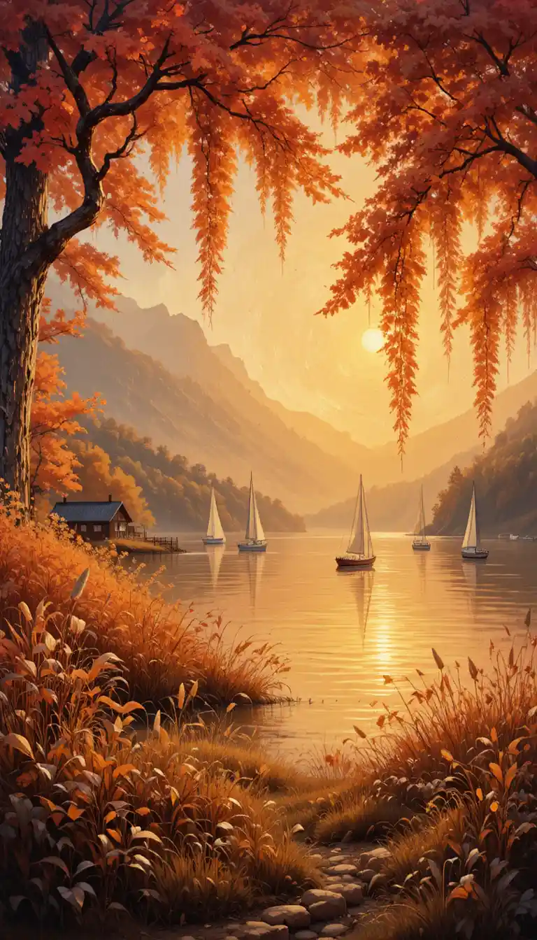 Herbstsee mit Segelbooten im goldenen Abendlicht als Ölgemälde