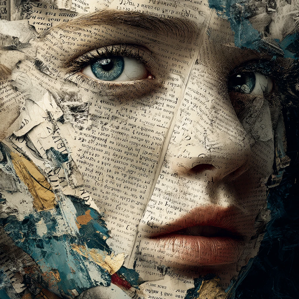 Surreal portrait of a woman with face made of book pages