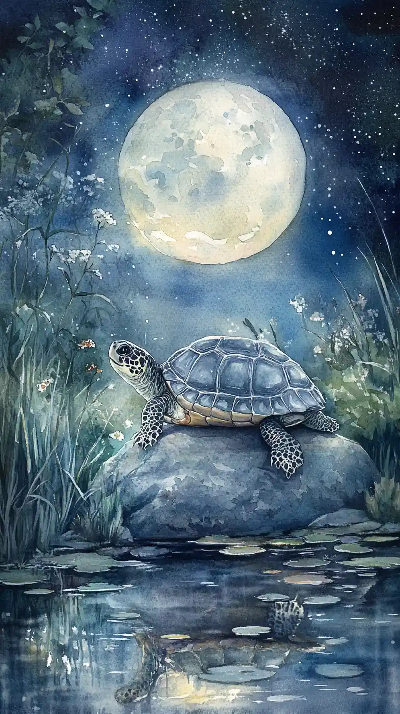 Tartaruga ad acquerello che riposa accanto a uno stagno calmo illuminato dalla luna