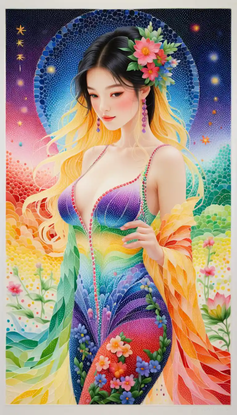 Pointillist portrait in a million luminous rainbow dots