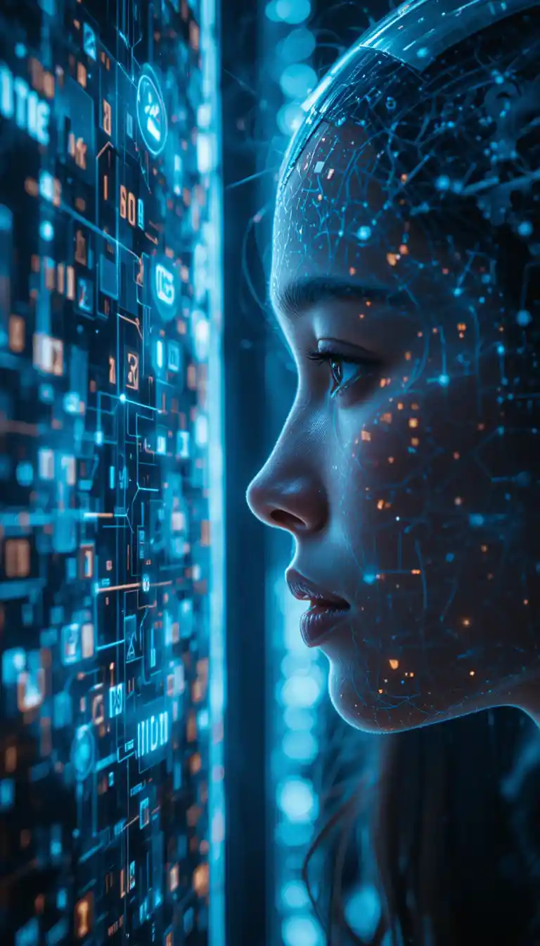 Volto umano che interagisce con un'interfaccia IA futuristica