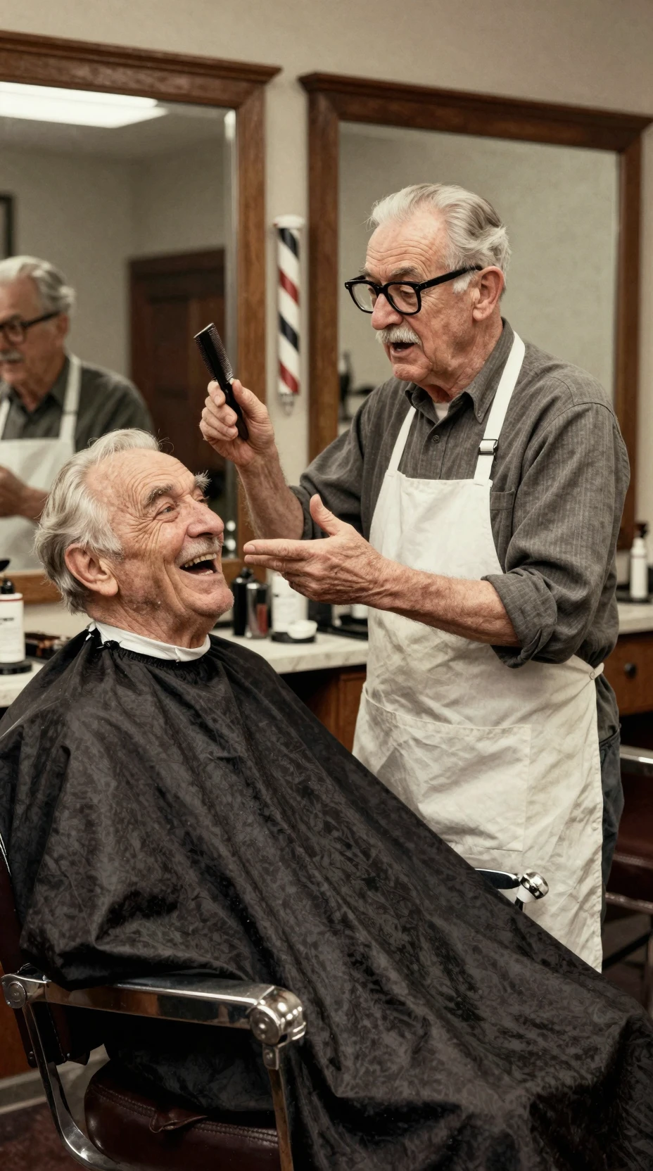 Barbiere anziano che chiacchiera con un cliente che ride in barberia
