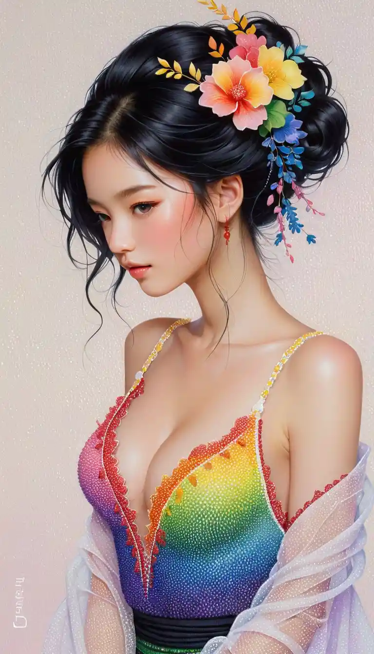 Pointillist rainbow composition with a glamorous woman