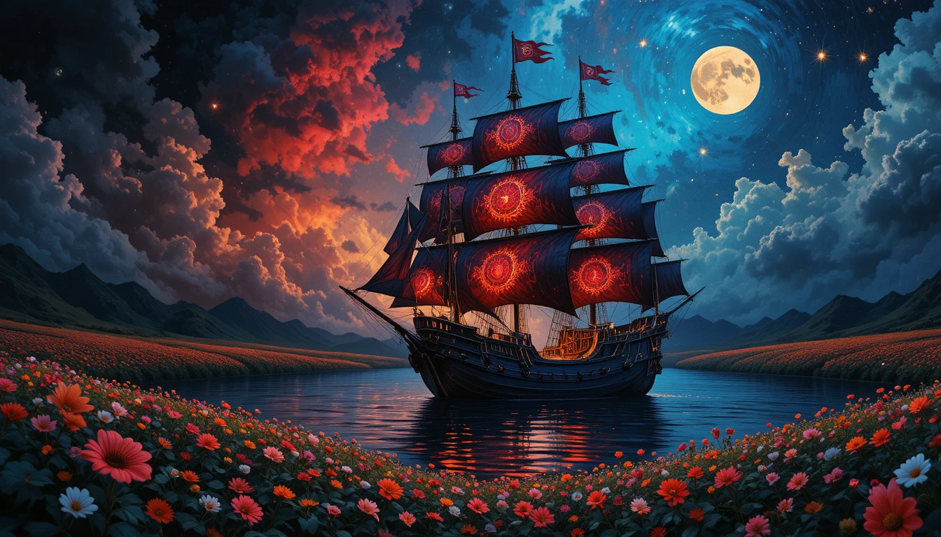 Navire pirate fantaisiste voguant au-dessus d’un champ de fleurs éclatant