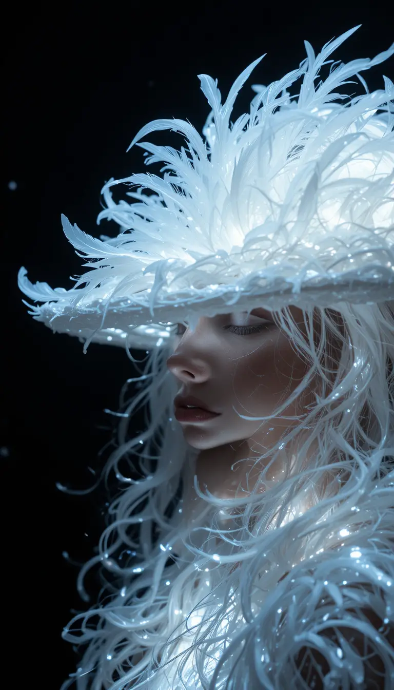 Close up girl portrait hidden by white feathered hat