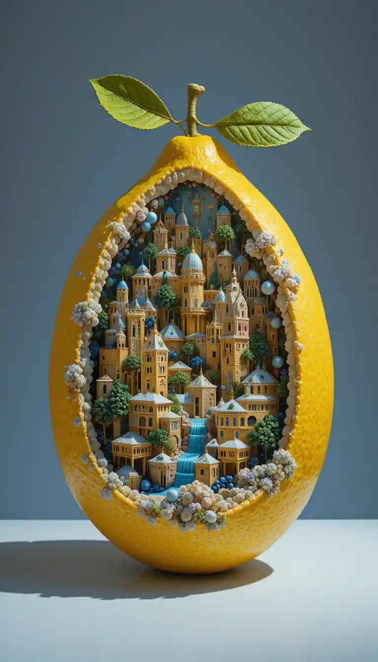 Miniatur-Gelbstein-Stadt im Schatten einer Zitrone verborgen