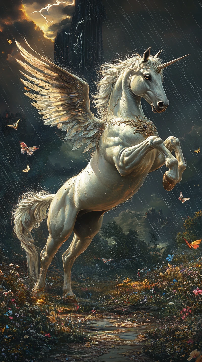 Weißes Einhorn richtet sich in stürmischer Fantasywiese auf
