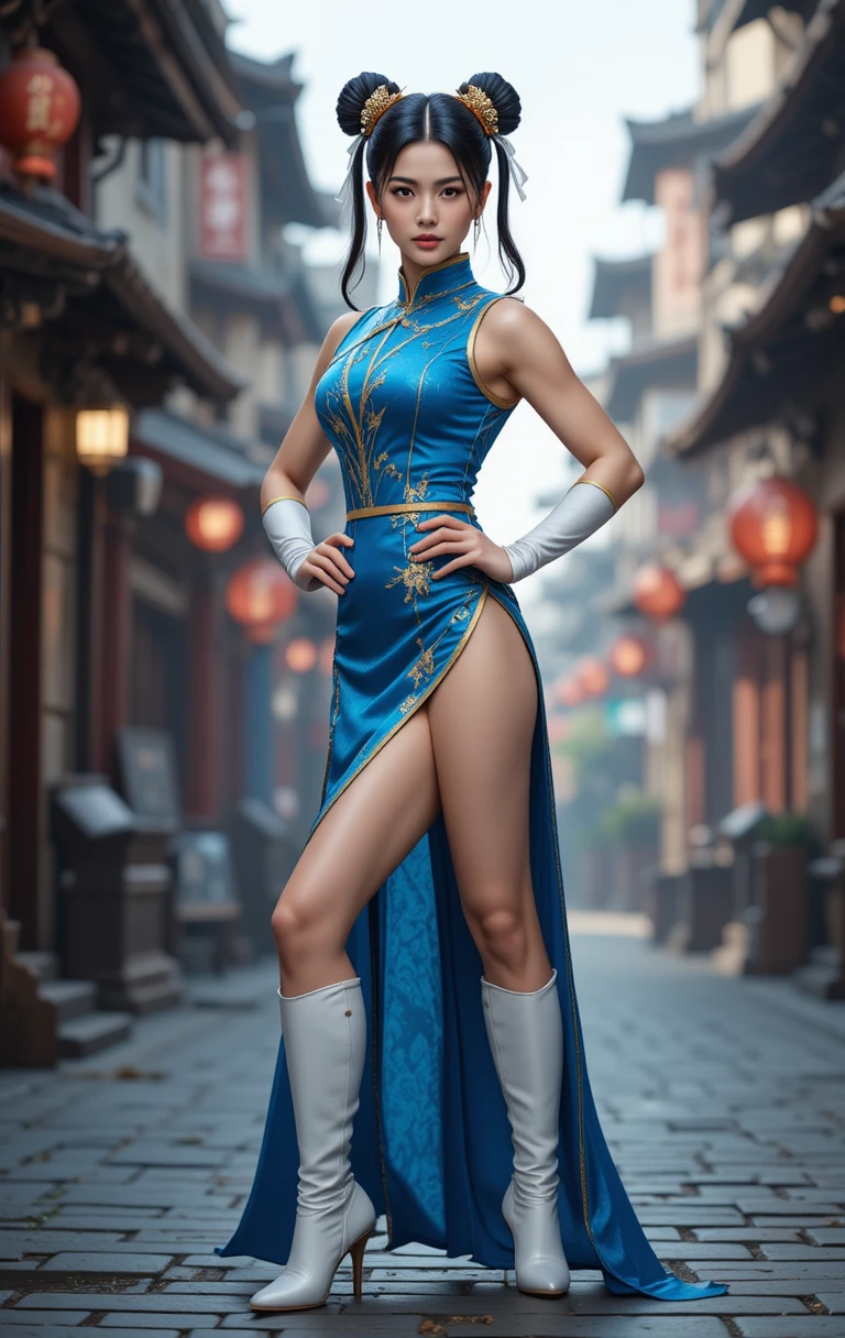 Mulher de cosplay cinematográfico em traje azul de artes marciais em pose poderosa