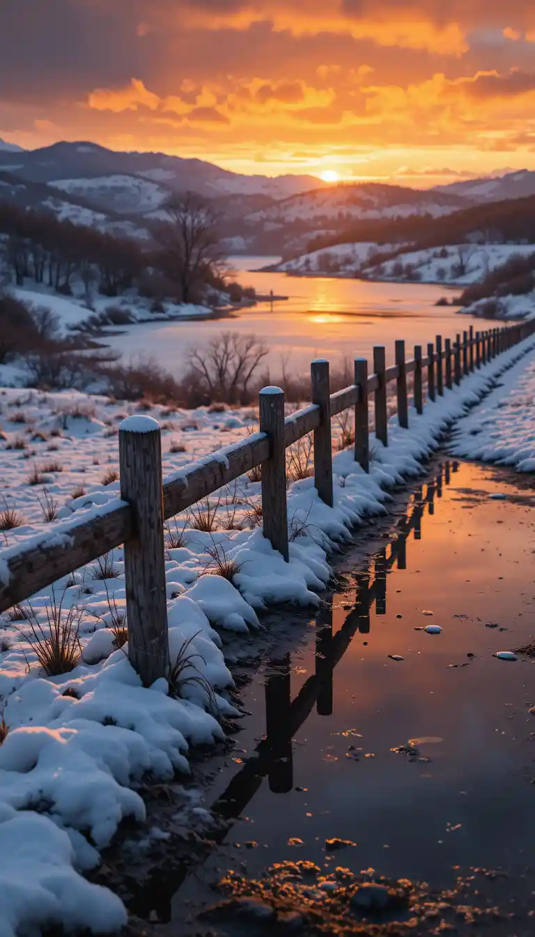 Staccionata invernale e fiume all’ora d’oro con riflessi