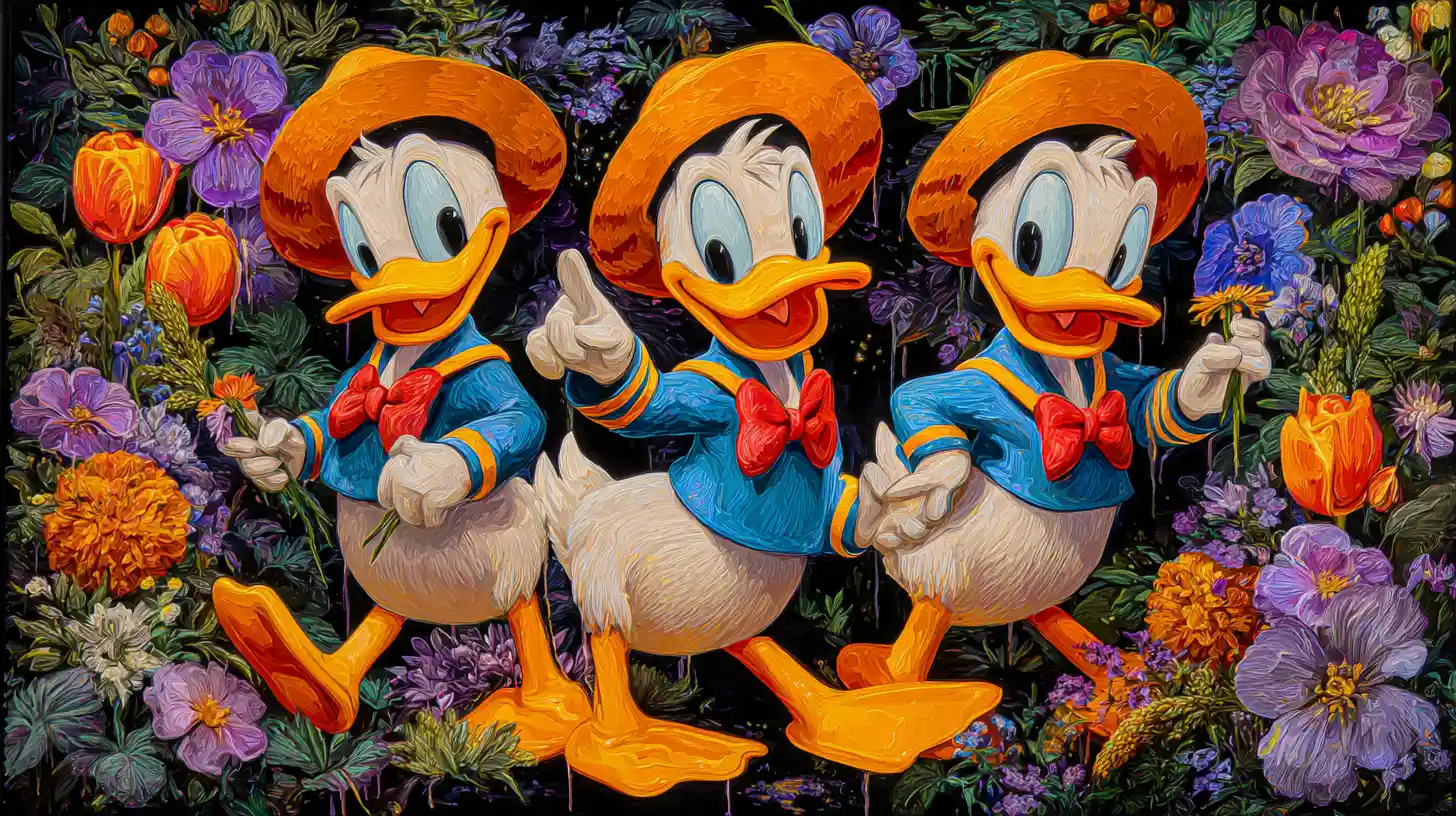 Personagens de patos dinâmicos em uma composição floral vertical