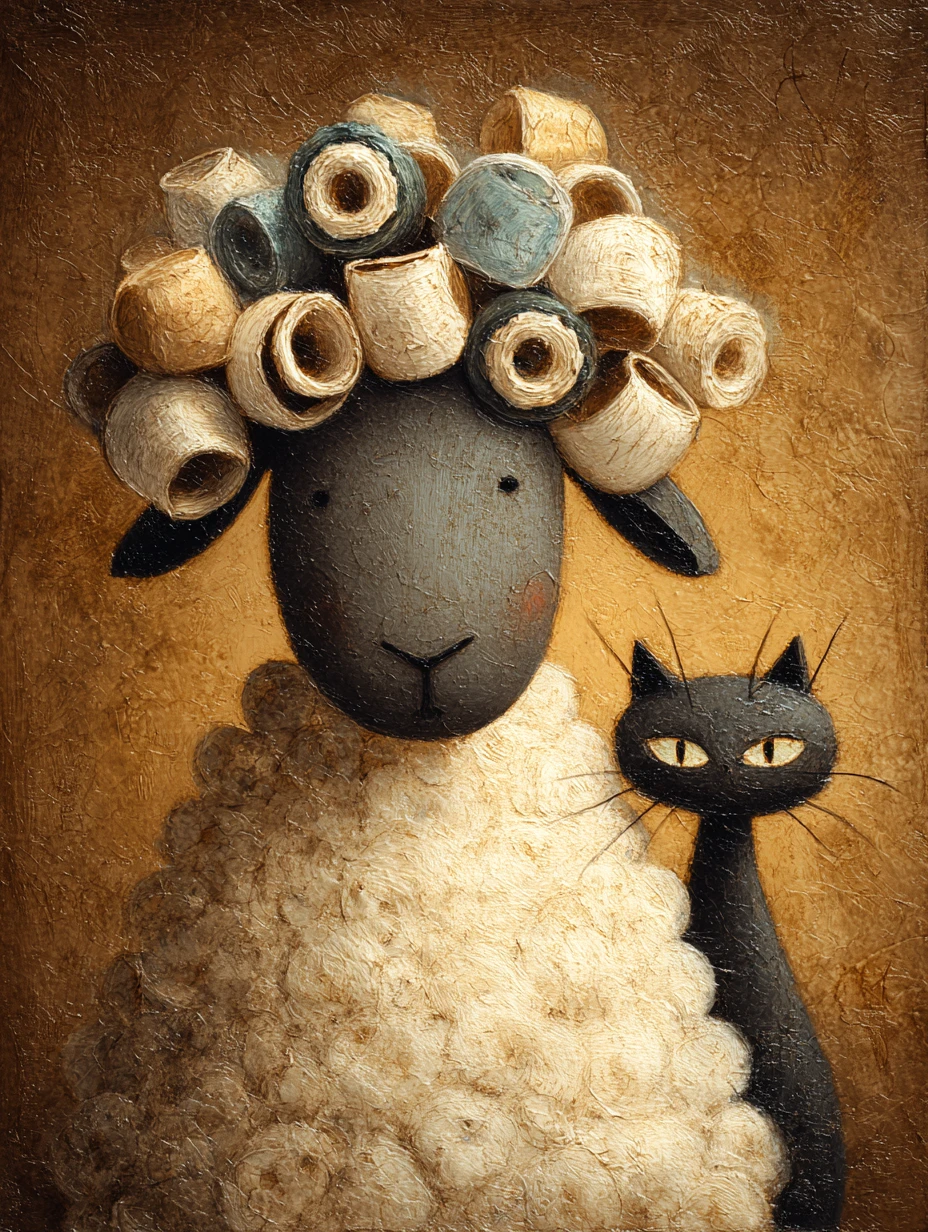 Coiffeuse chat fantasque coiffant un mouton avec des bigoudis