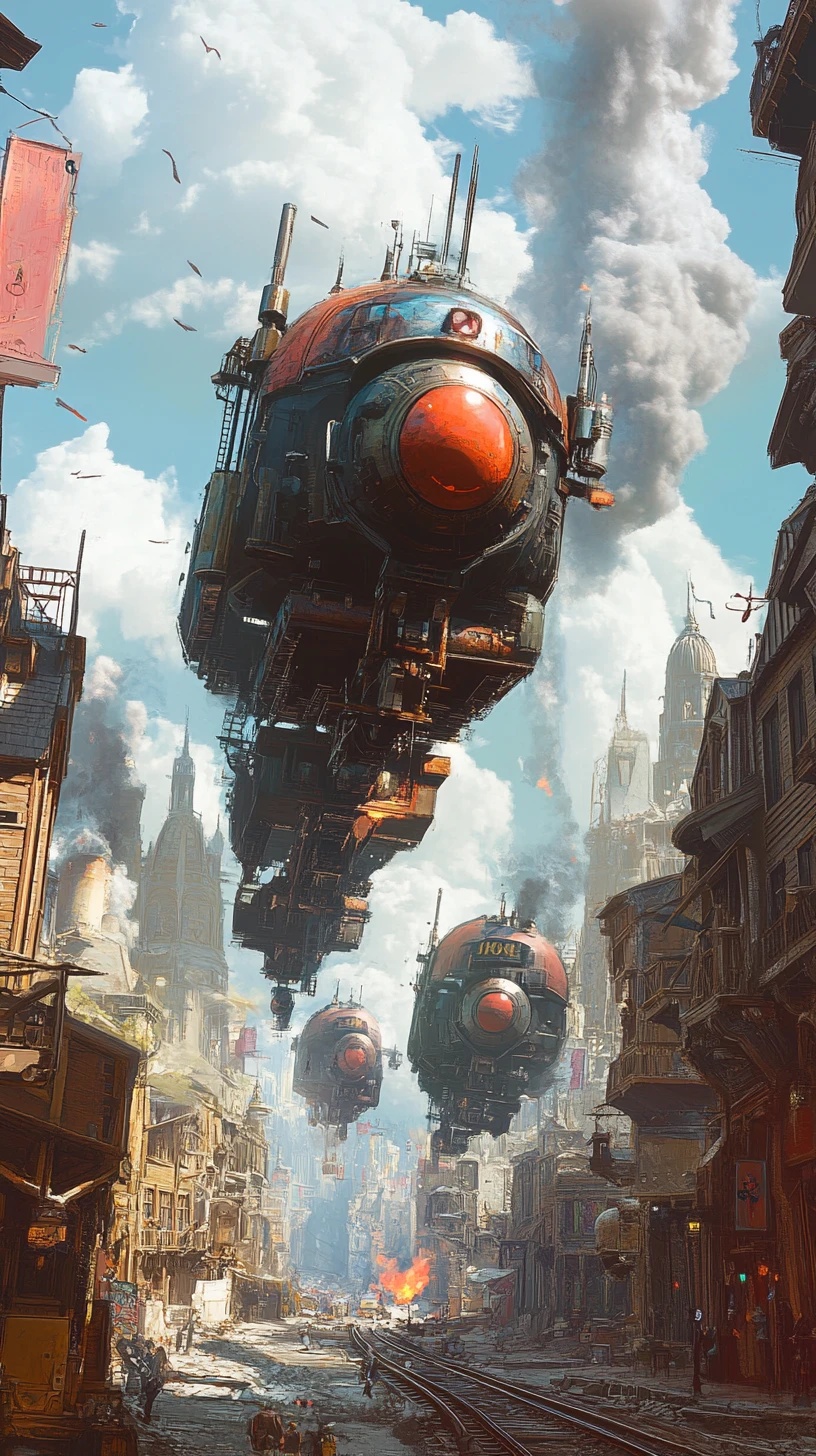 Ciudad steampunk sobre ruedas persiguiendo a otra entre ruinas