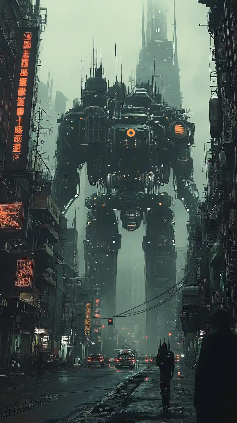 Tanques distópicos vagando por uma cidade cyberpunk neon