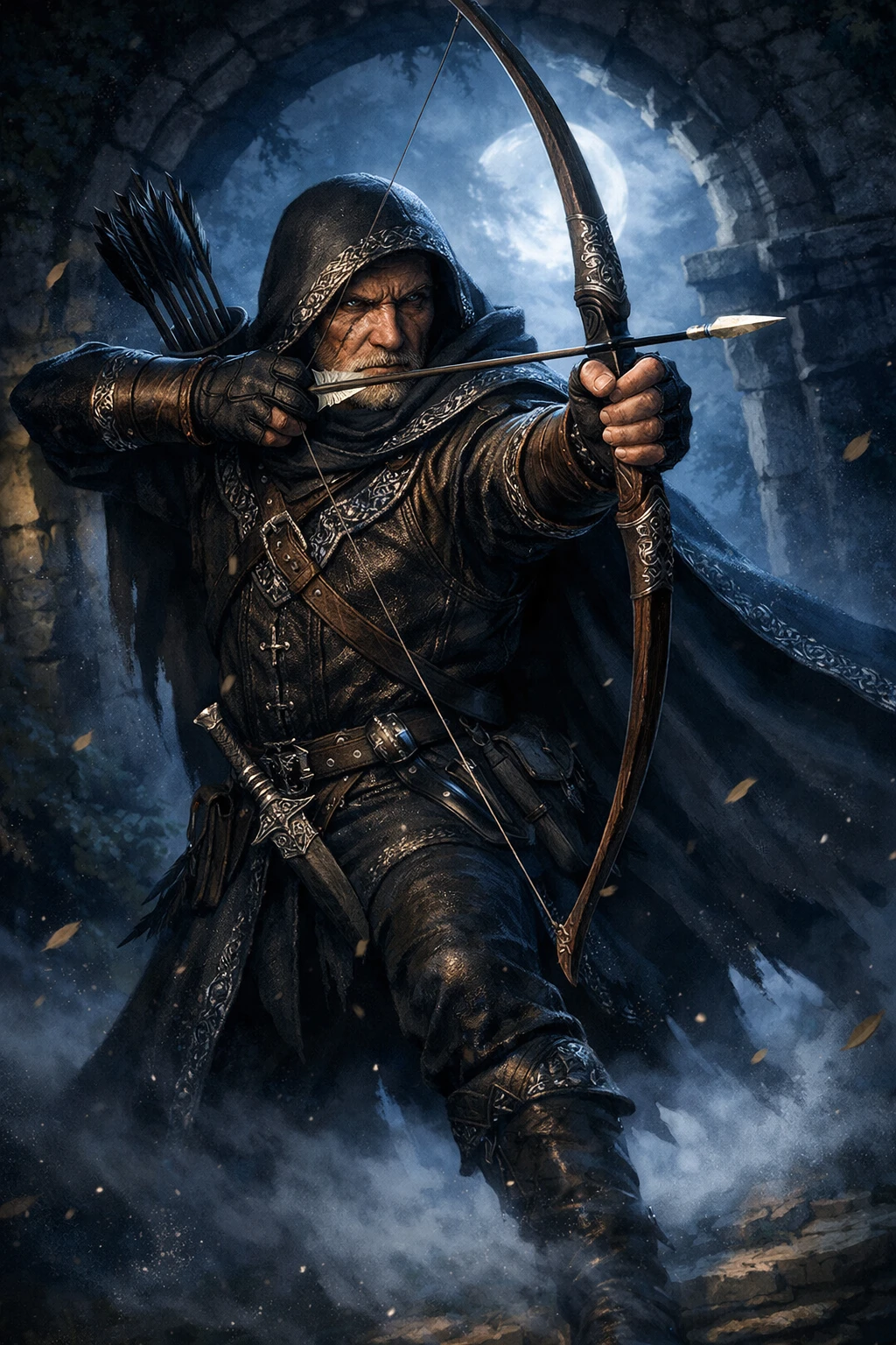 Vieux archer bandant son arc sous une arche au clair de lune