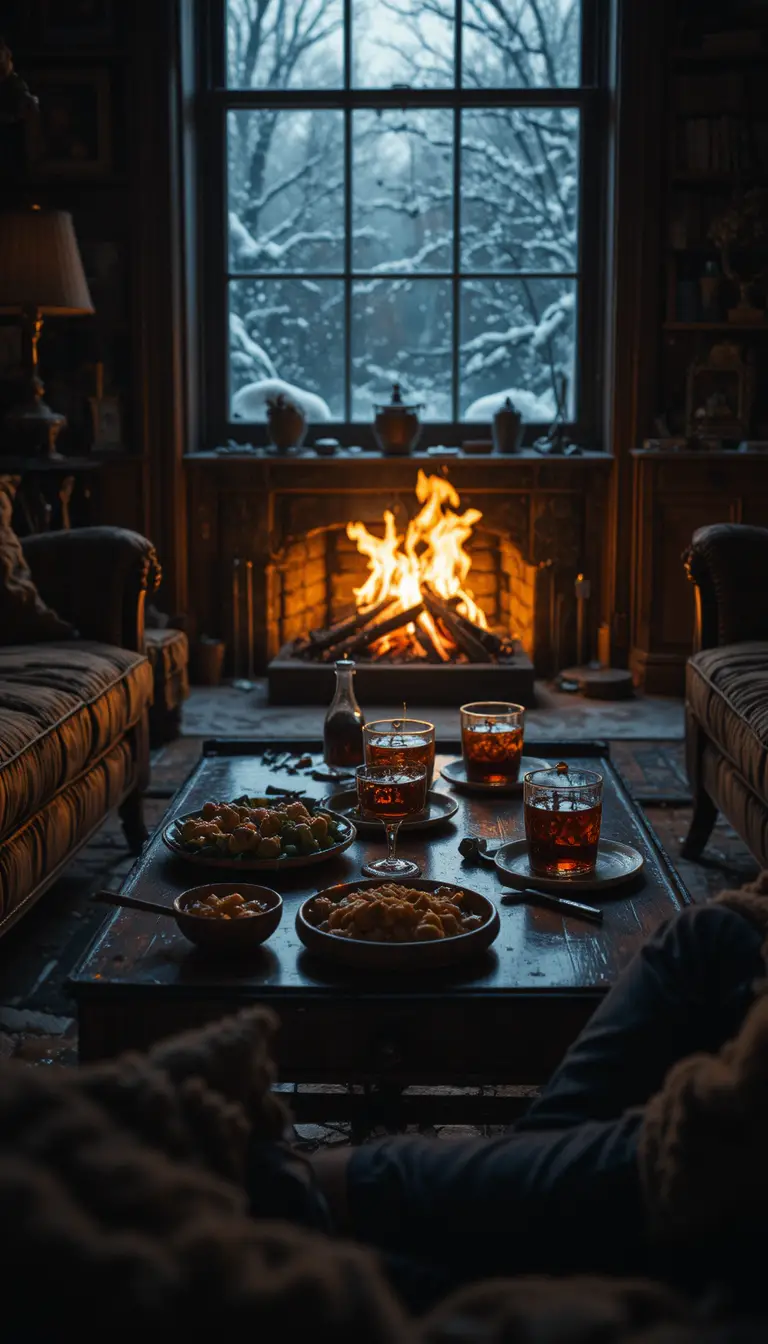 Intime Nahaufnahme eines Couchtischs im Schein des Kaminfeuers