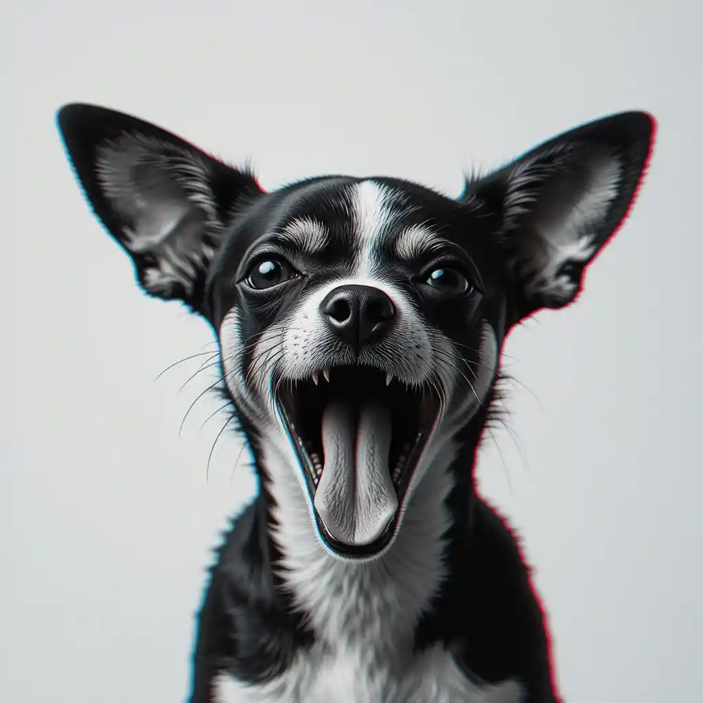 Chihuahua yawning in minimalist black and white glitch style