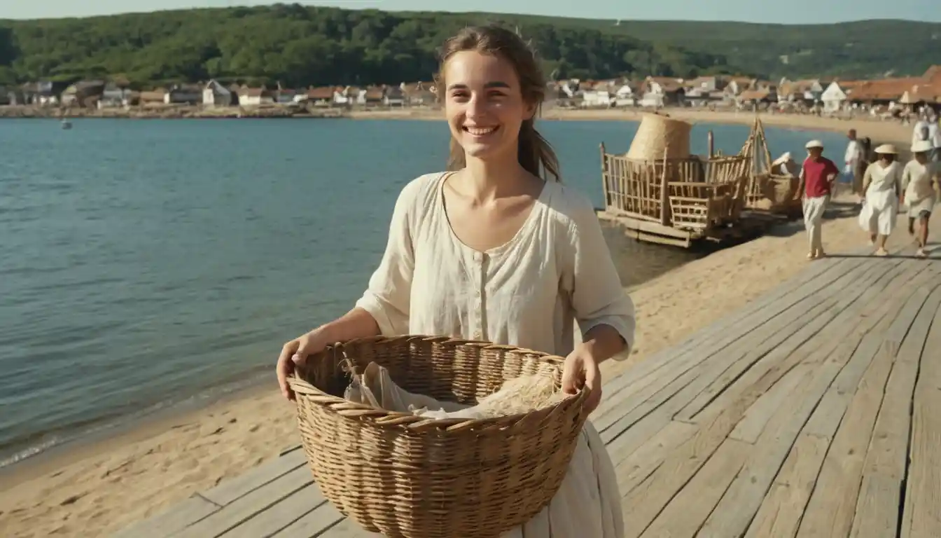 Jeune femme portant un panier sur une promenade ensoleillée