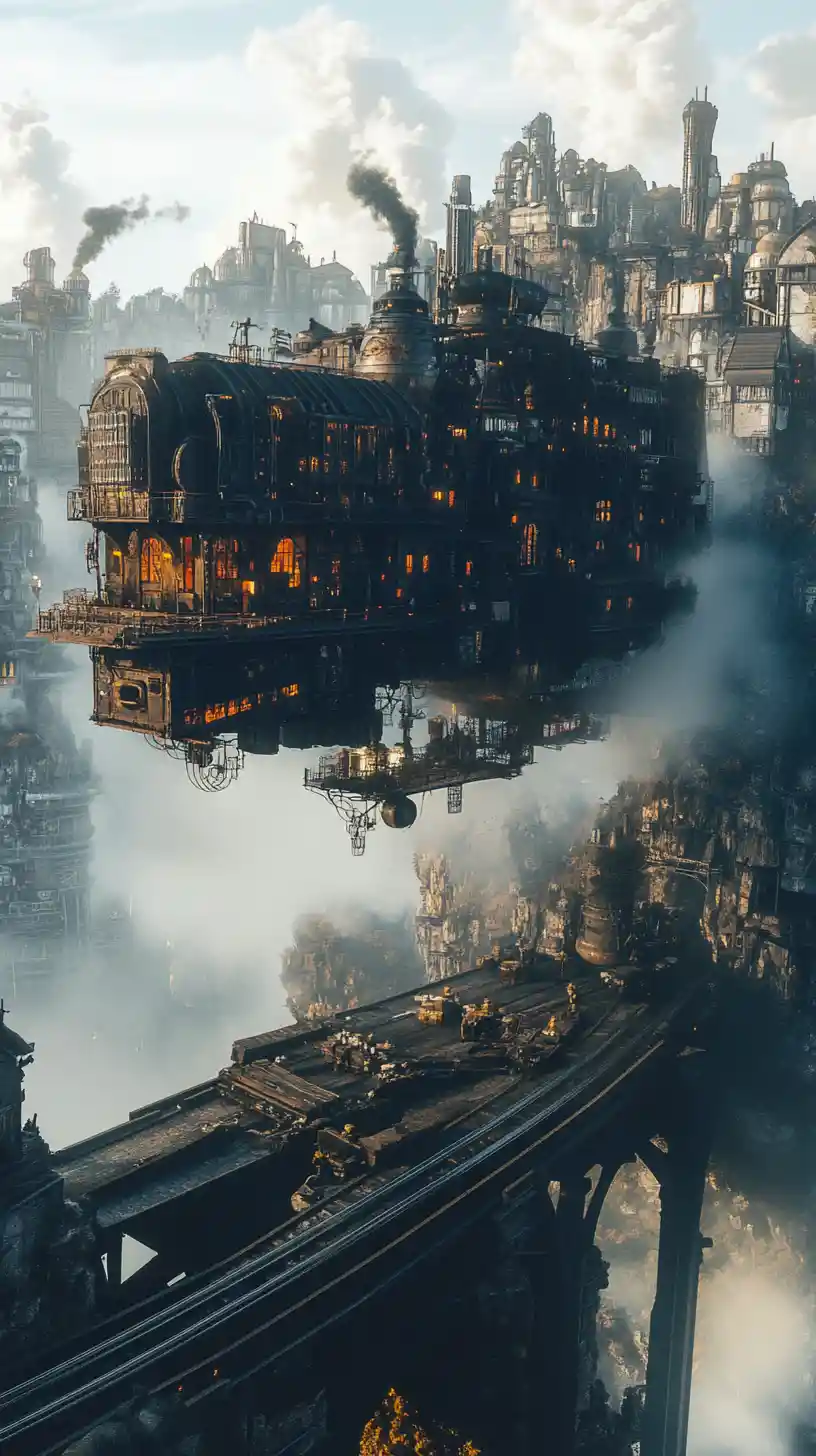 Mobile steampunk city roams a post apocalyptic landscape