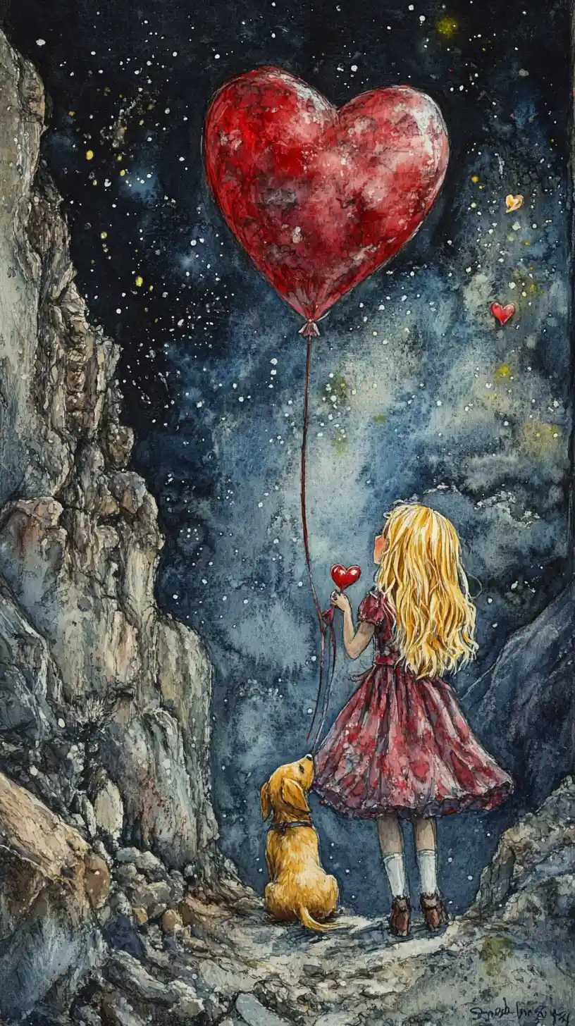 Menina em aquarela com cachorro em rua montanhosa à noite