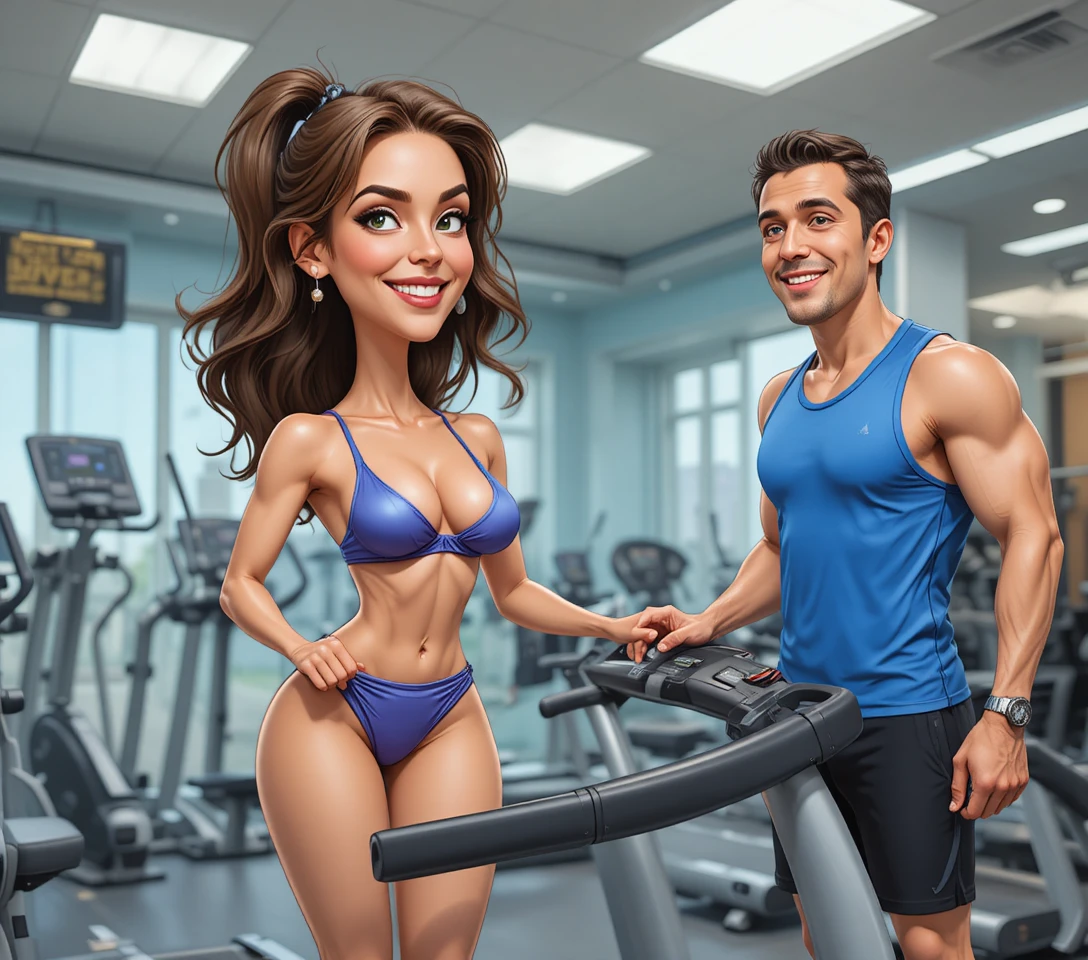 Joven mujer corriendo en la cinta con su entrenador en el gimnasio