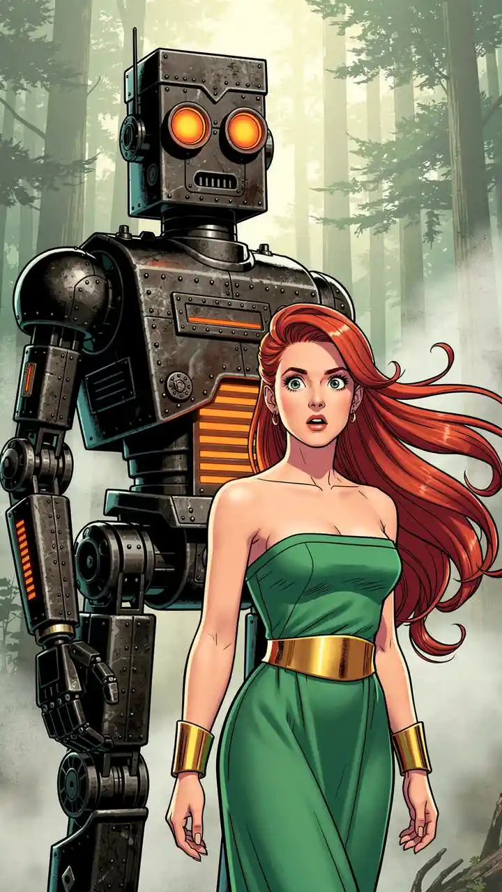Donna sorpresa e robot colossale in una radura di foresta nebbiosa