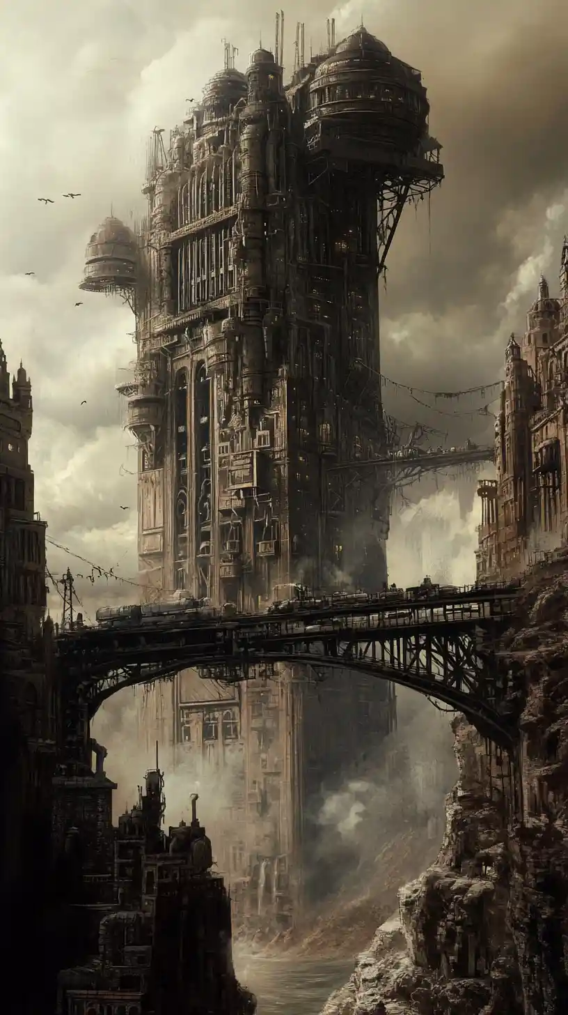 Umherziehende Steampunk-Stadt auf Rädern in einer rauen Ödnis