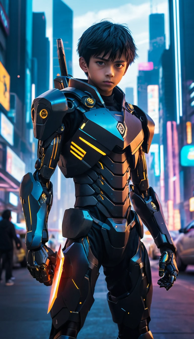 Garçon d’anime en armure cybernétique dans des rues néon