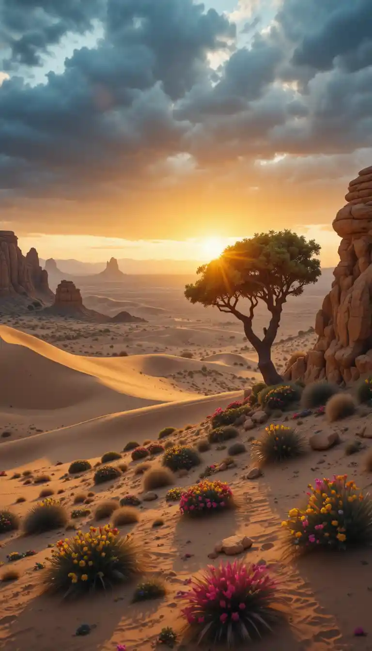 Paisagem de deserto dourado com formações rochosas ao pôr do sol