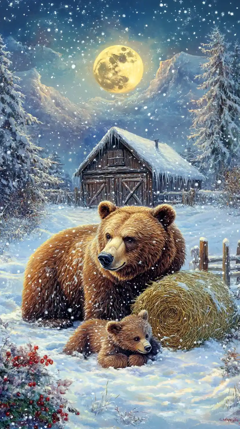 Ours brun et oursons abrités dans une prairie enneigée