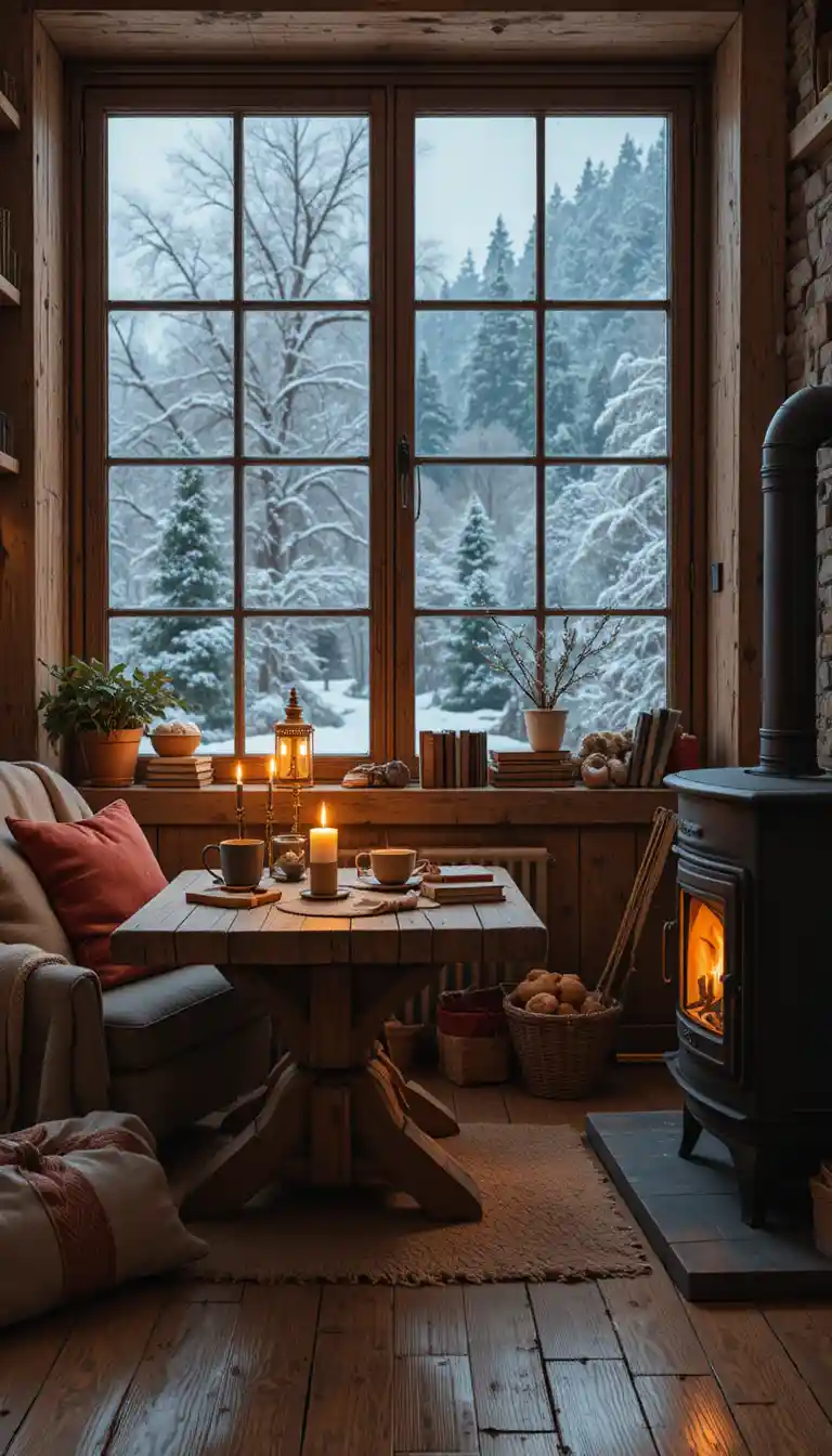 Cozy winter reading nook by a large snowy window