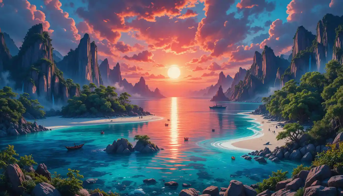 Baía de fantasia surreal ao pôr do sol com barco e cores vibrantes