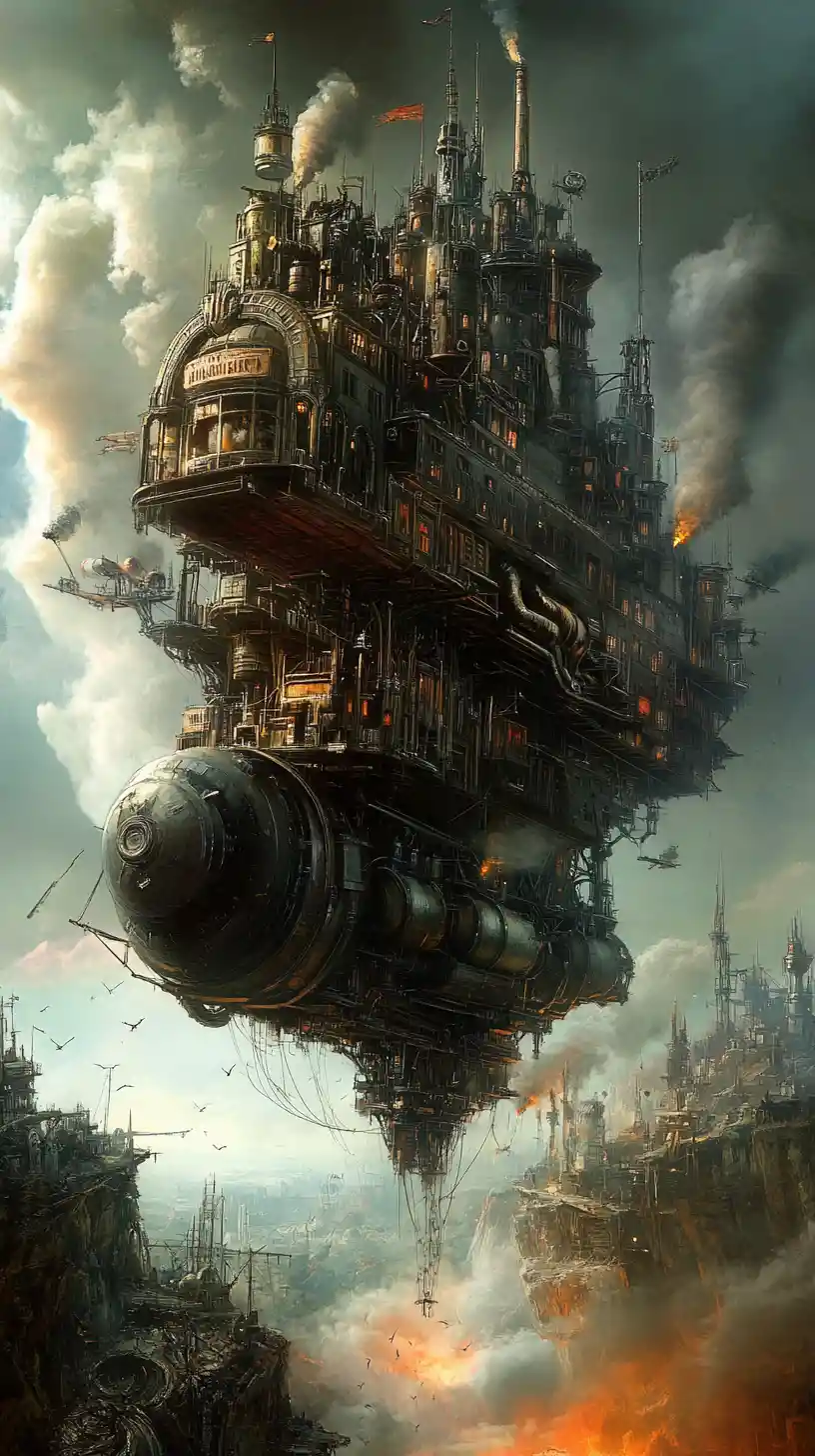 Mobile steampunk city rolling through a ruined wasteland