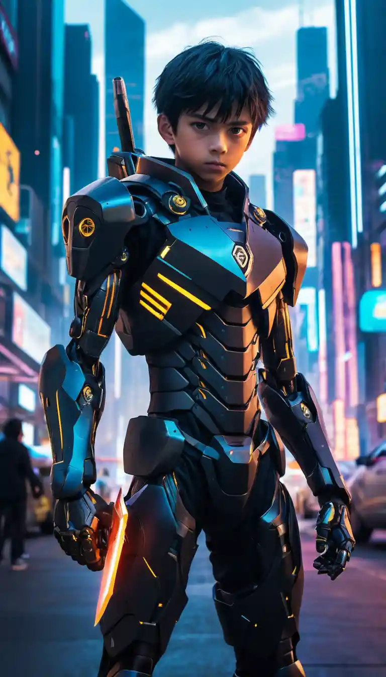Garçon d’anime en armure cybernétique dans des rues néon