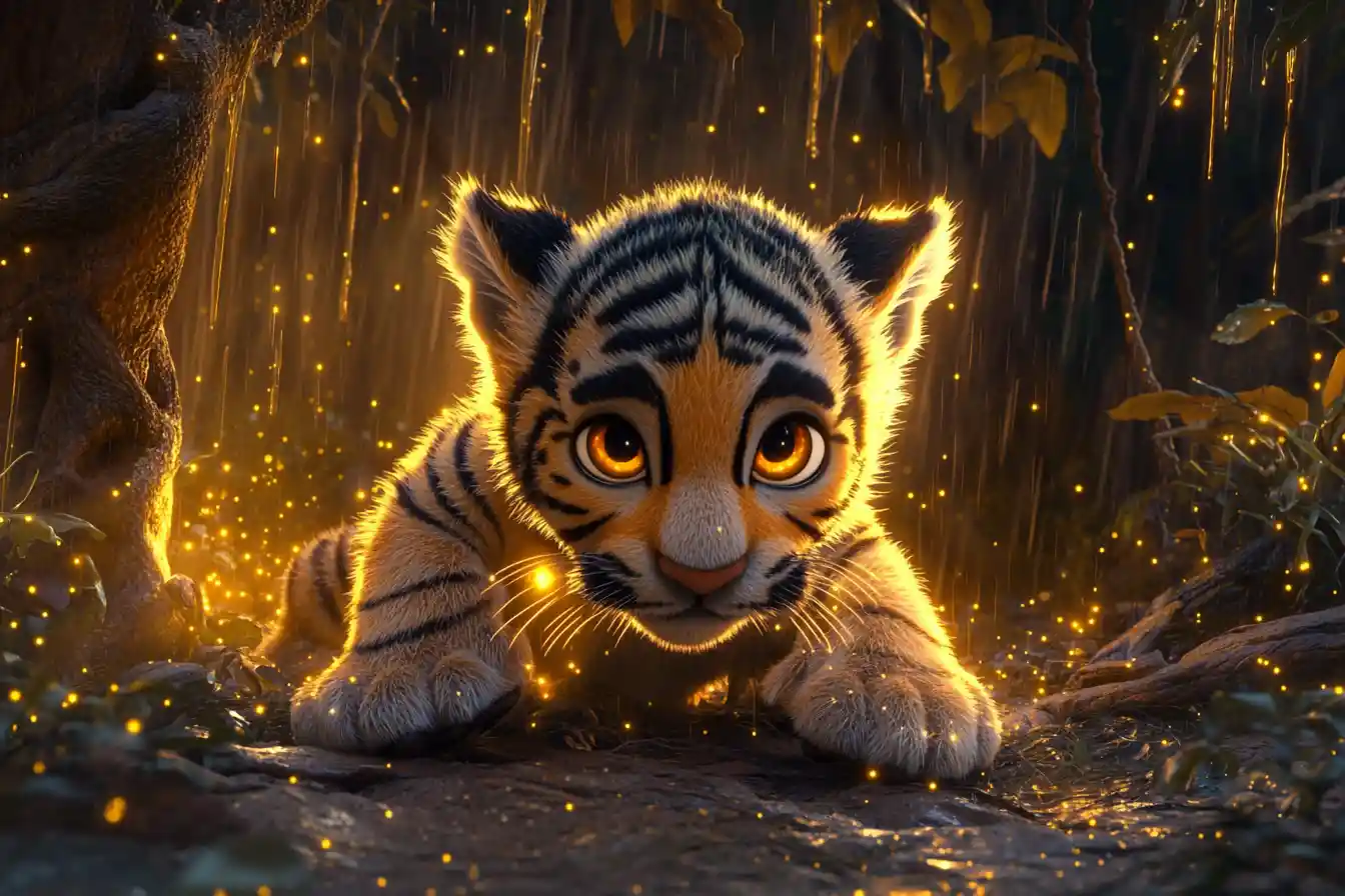 Filhote de tigre brilhante em floresta ao entardecer sob névoa dourada