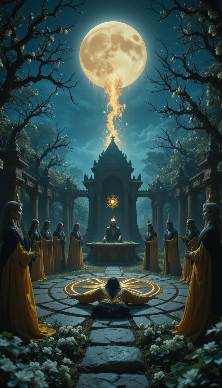 Ancient stone circle ritual under the glowing full moon