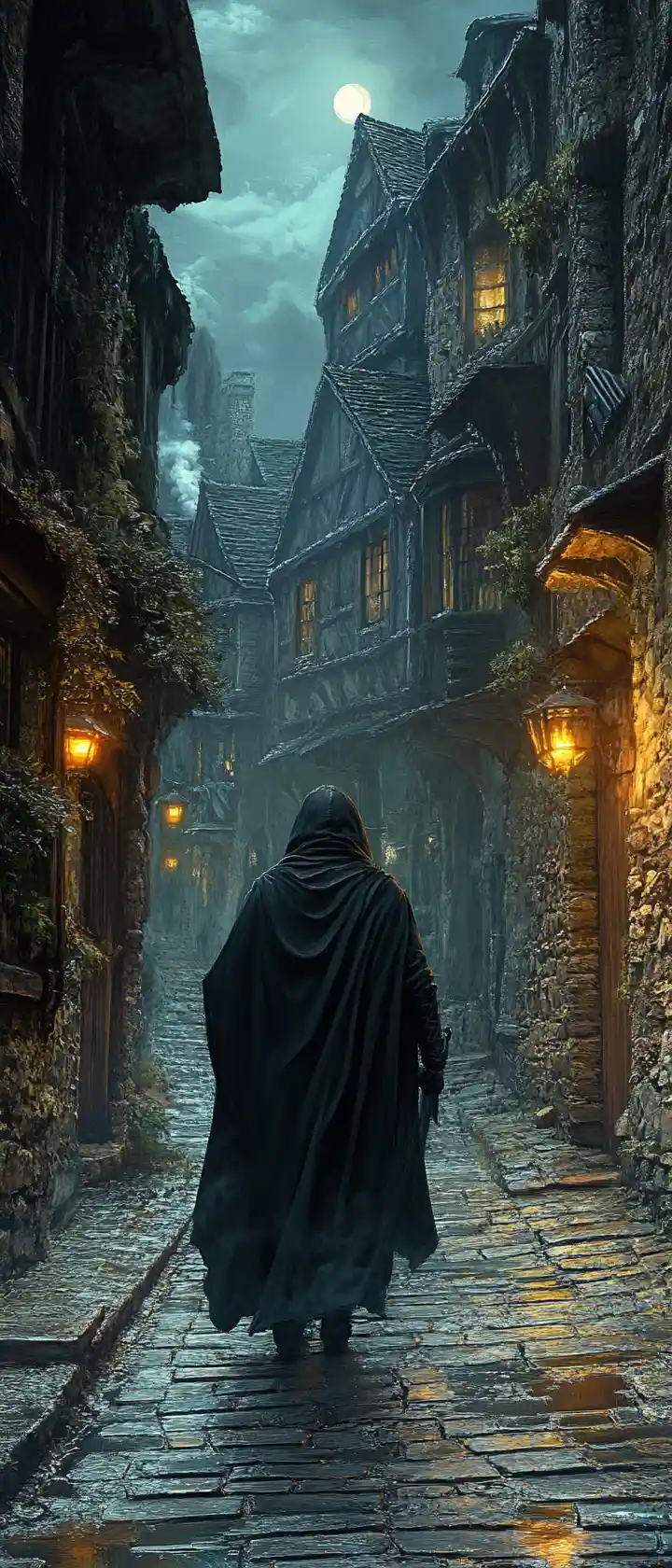 Night watchman on a medieval street under glowing lamps