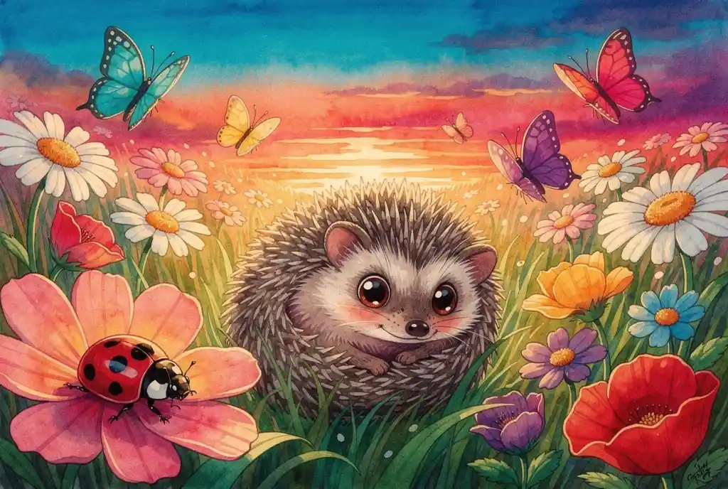 Hérisson curieux blotti dans un pré fleuri au coucher du soleil