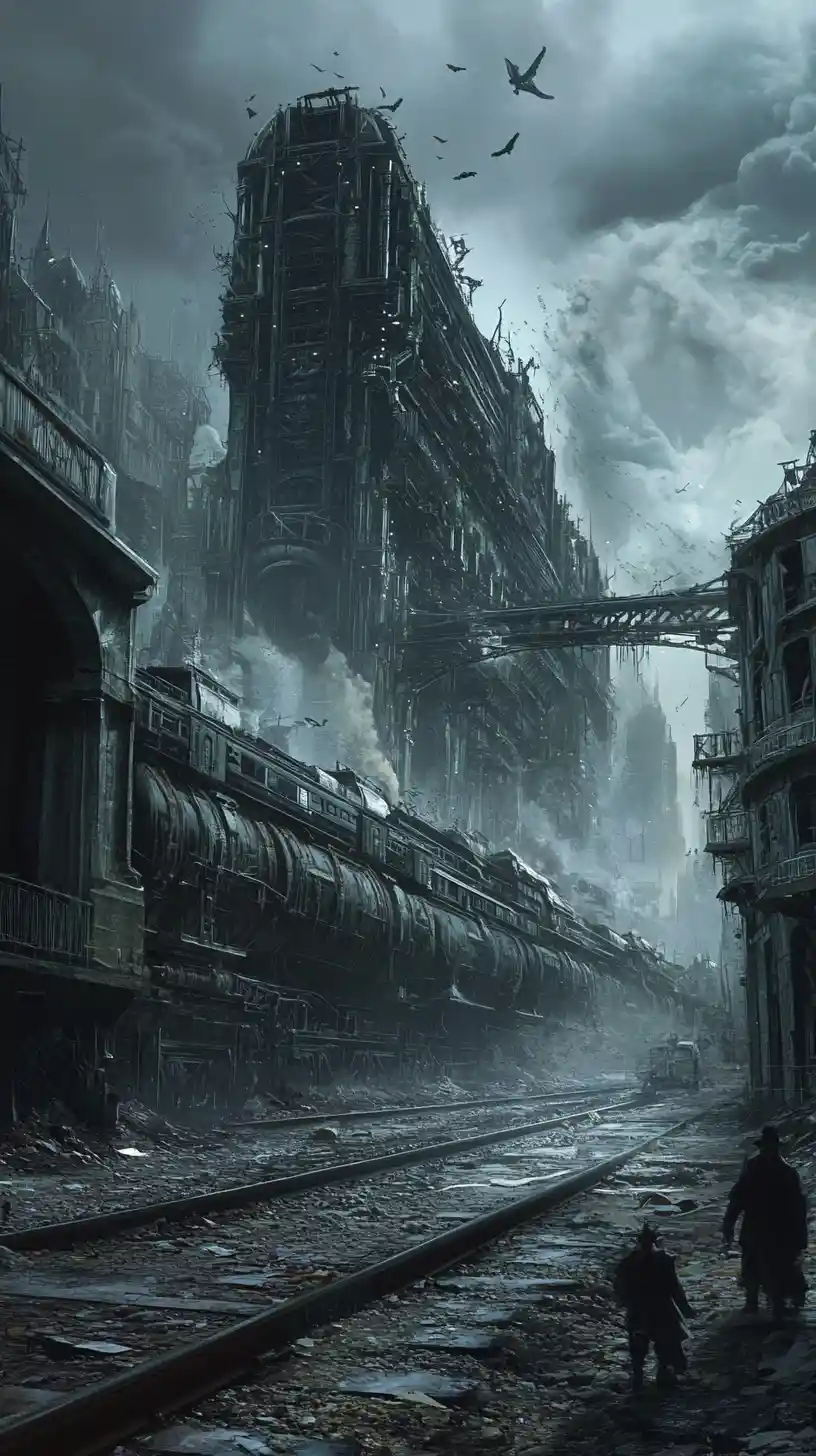 Roaming steampunk city on wheels in a harsh wasteland