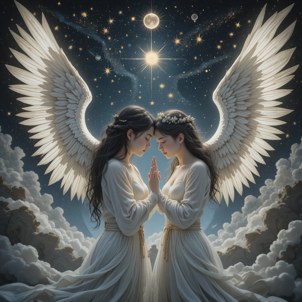 Romantic angel couple holding hands in starry outer space
