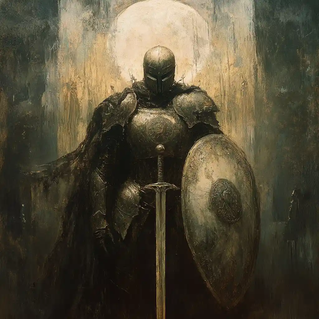 Armored warrior in a vast cathedral of dust and dawn