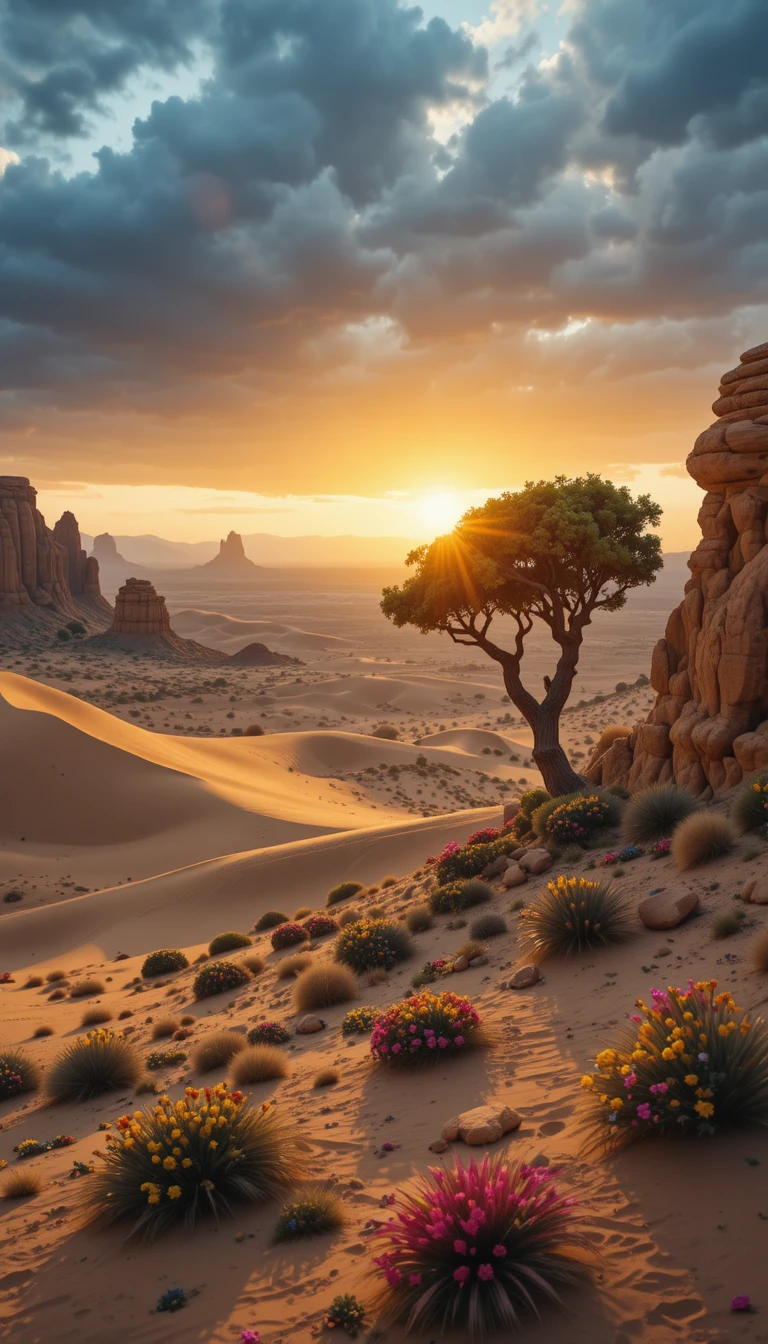Paisagem de deserto dourado com formações rochosas ao pôr do sol