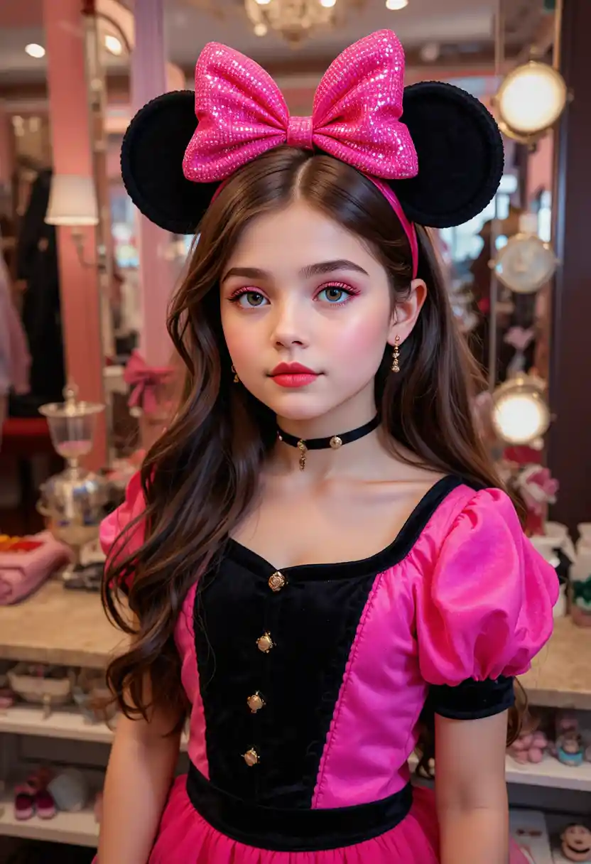 Garoto pré-adolescente em look inspirado na Minnie em penteadeira de boutique