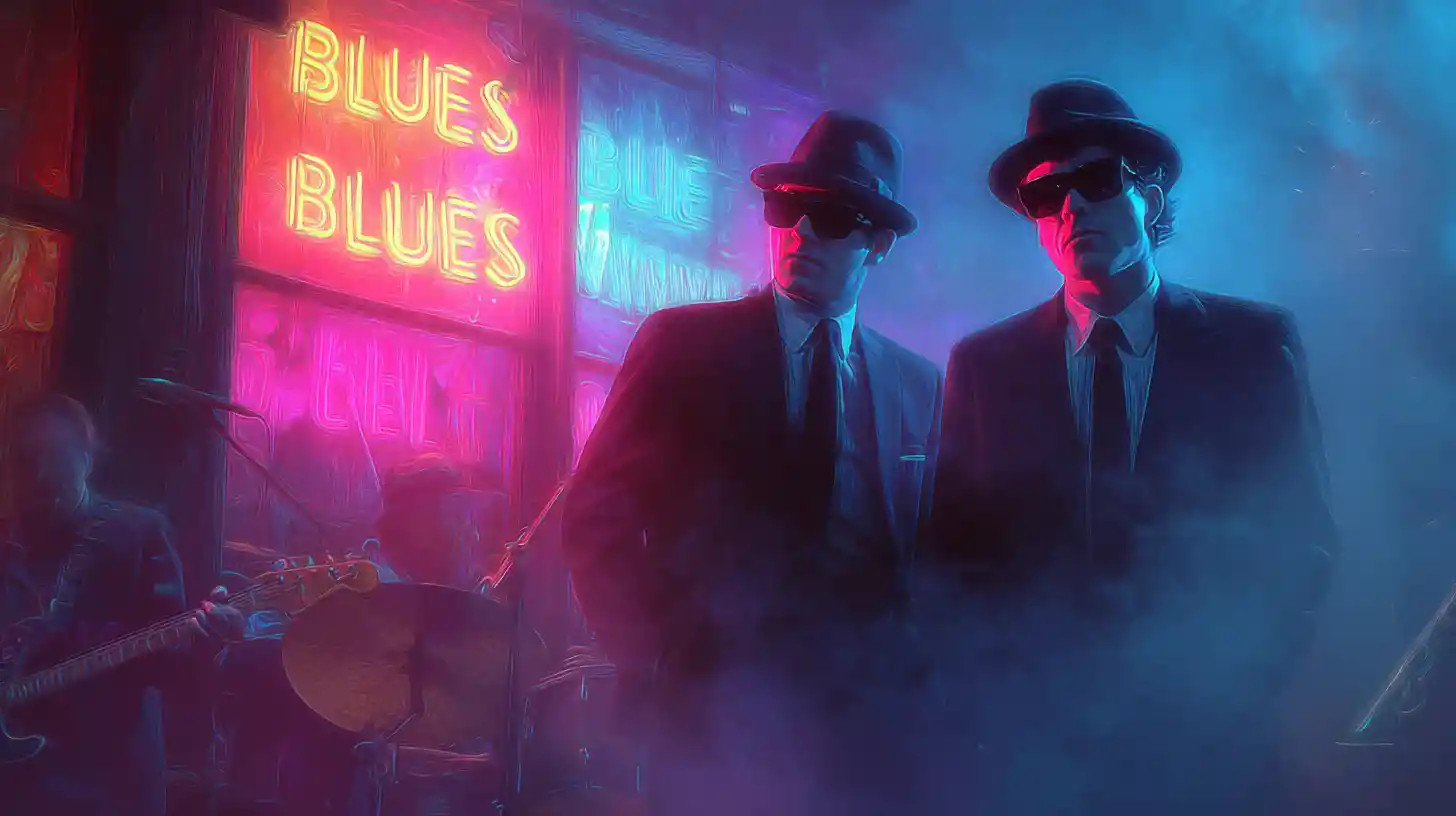Blues musicians in black suits performing on smoky stage