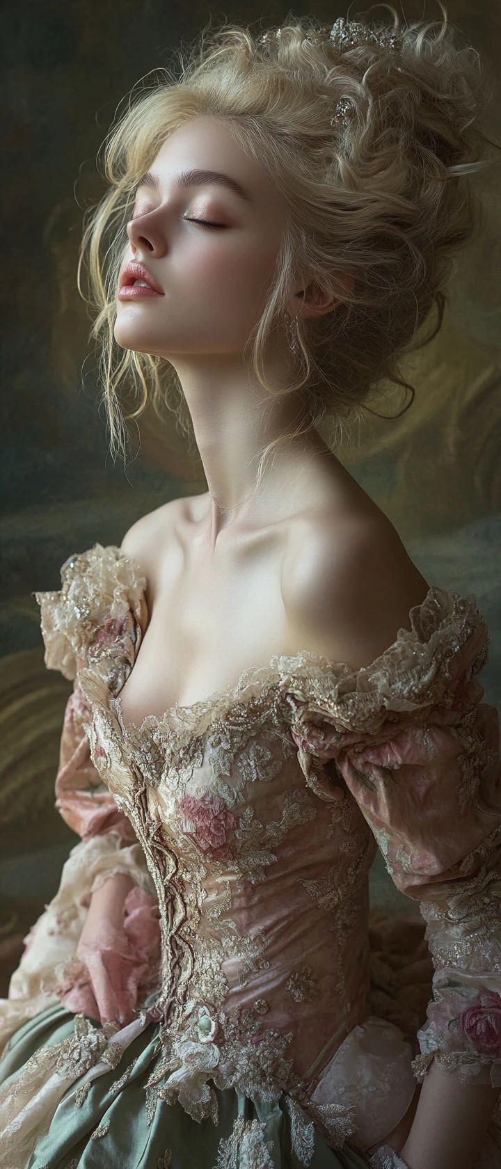 Jeune femme en robe rococo aux cheveux relevés