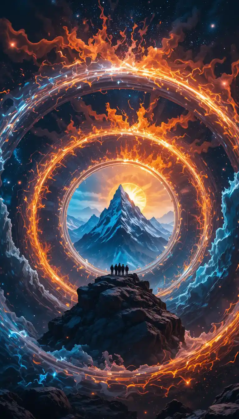 Anneaux concentriques de feu, de glace et d’espace sur un ciel cosmique