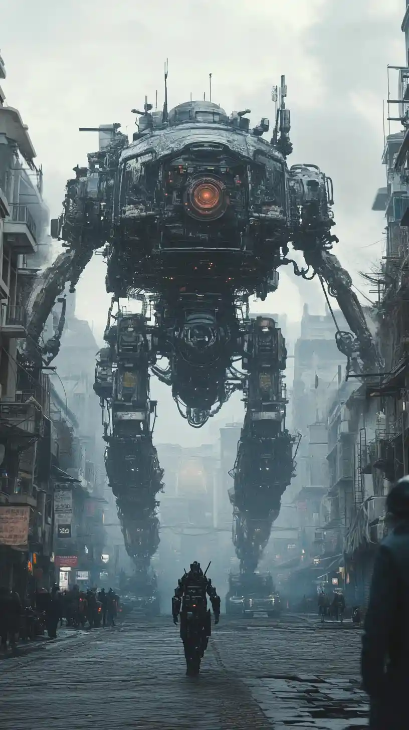 Ville dystopique avec machines blindées errant dans un smog néon