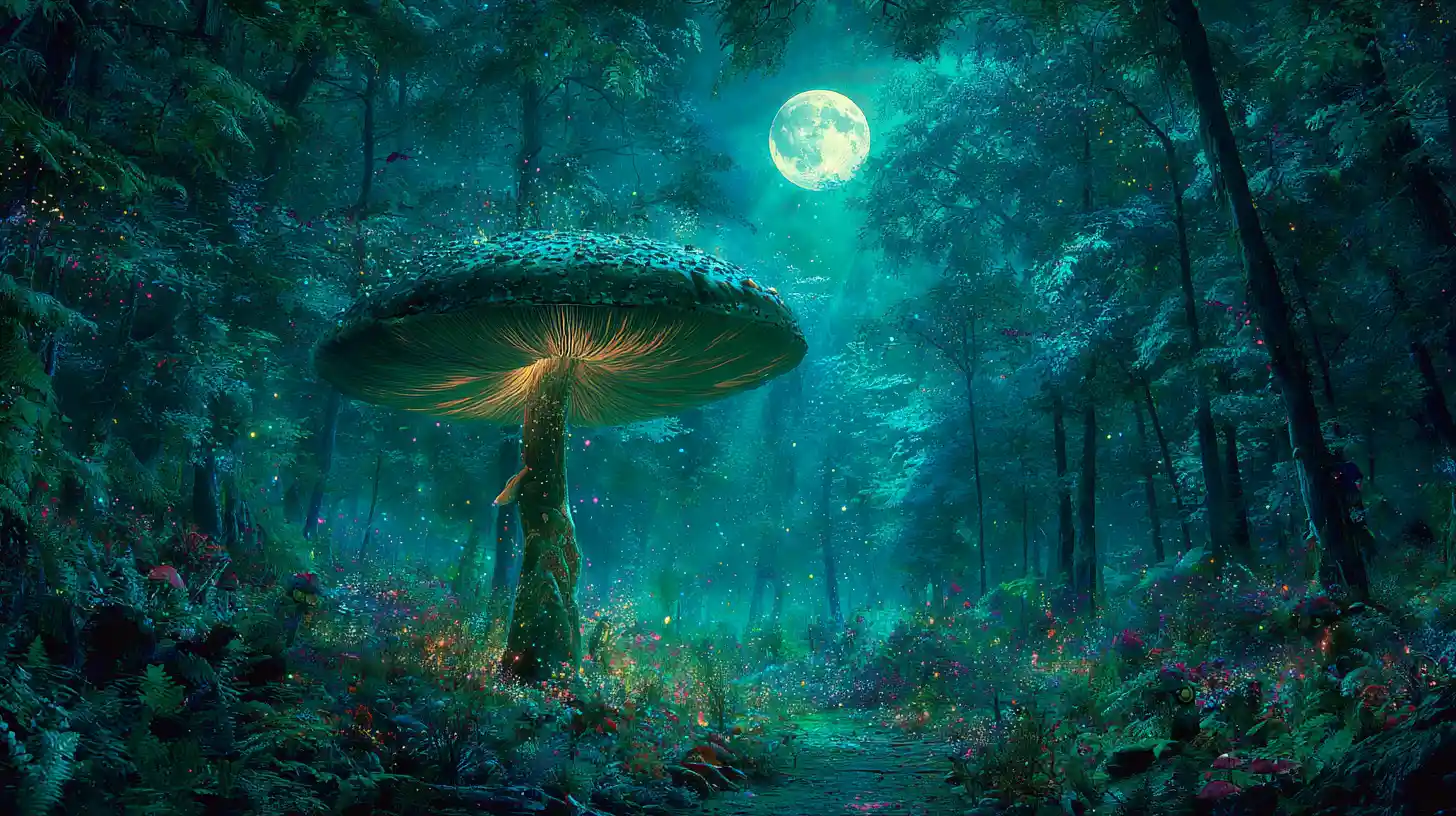 Gigantesco fungo luminoso in una foresta nebbiosa al chiaro di luna