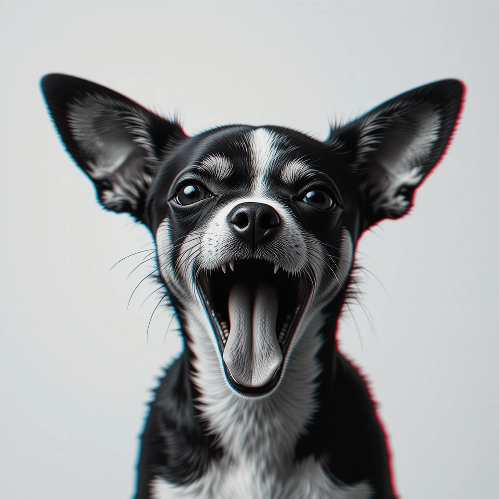 Chihuahua yawning in minimalist black and white glitch style